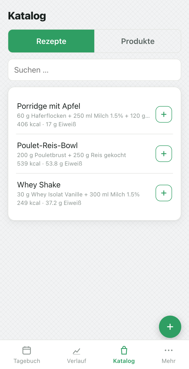 KIkal Katalog, Rezepte-Tab: gespeicherte Rezepte mit Kalorien und Eiweiss pro Portion