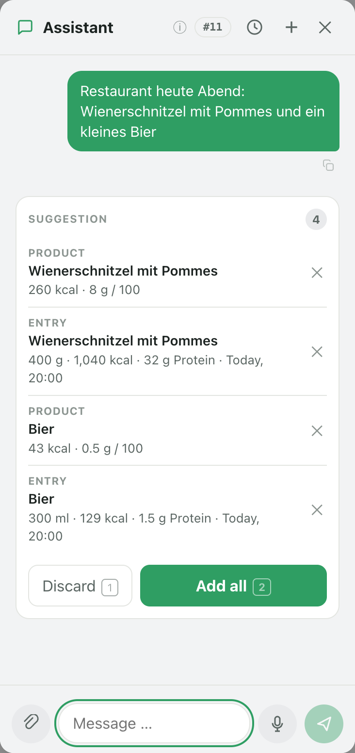 Real KIkal chat: the assistant asks about portion size, then proposes penne al pomodoro and tiramisu as products and entries with calories and protein, one tap to add all