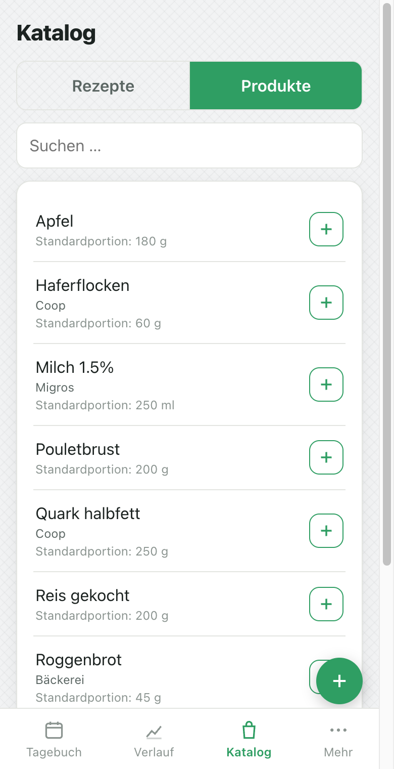 KIkal Katalog, Produkte-Tab: persönliche Produktliste mit Label-Werten pro 100 g
